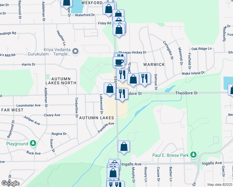 map of restaurants, bars, coffee shops, grocery stores, and more near Theodore Street & Essington Road in Joliet