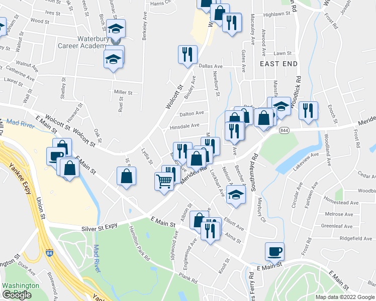 map of restaurants, bars, coffee shops, grocery stores, and more near 50 Wacona Avenue in Waterbury