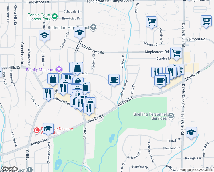 map of restaurants, bars, coffee shops, grocery stores, and more near 2655 Tech Drive in Bettendorf