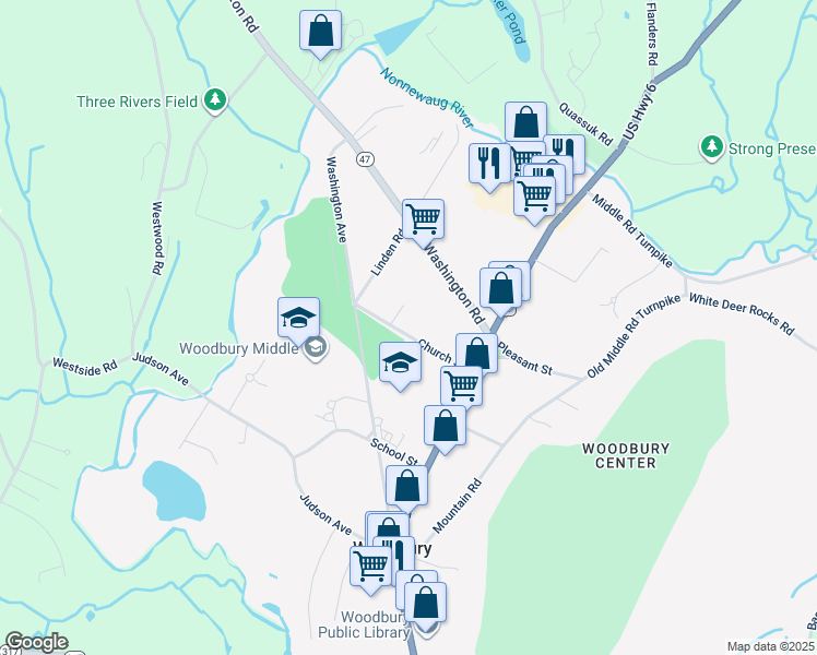 map of restaurants, bars, coffee shops, grocery stores, and more near 32 Church Street in Woodbury