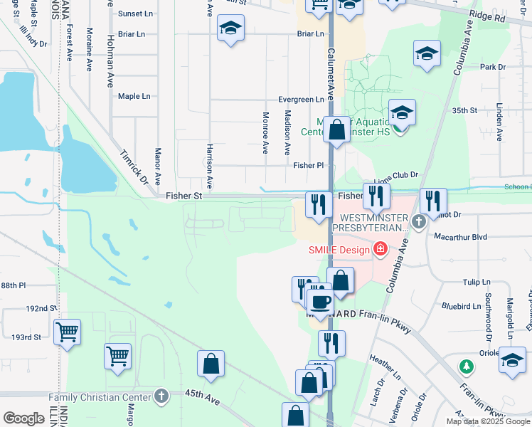 map of restaurants, bars, coffee shops, grocery stores, and more near 621 Cambridge Court in Munster