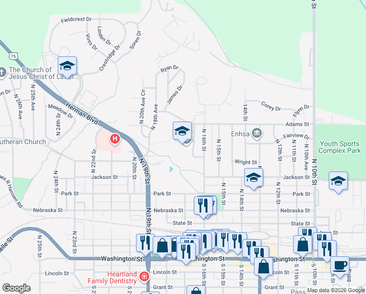 map of restaurants, bars, coffee shops, grocery stores, and more near 1717 Adams Street in Blair