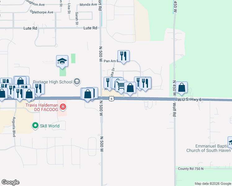 map of restaurants, bars, coffee shops, grocery stores, and more near 6534 U.S. 6 in Portage