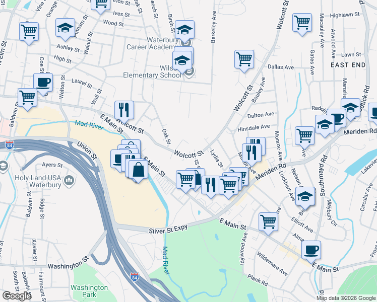 map of restaurants, bars, coffee shops, grocery stores, and more near 26 Farragut Street in Waterbury
