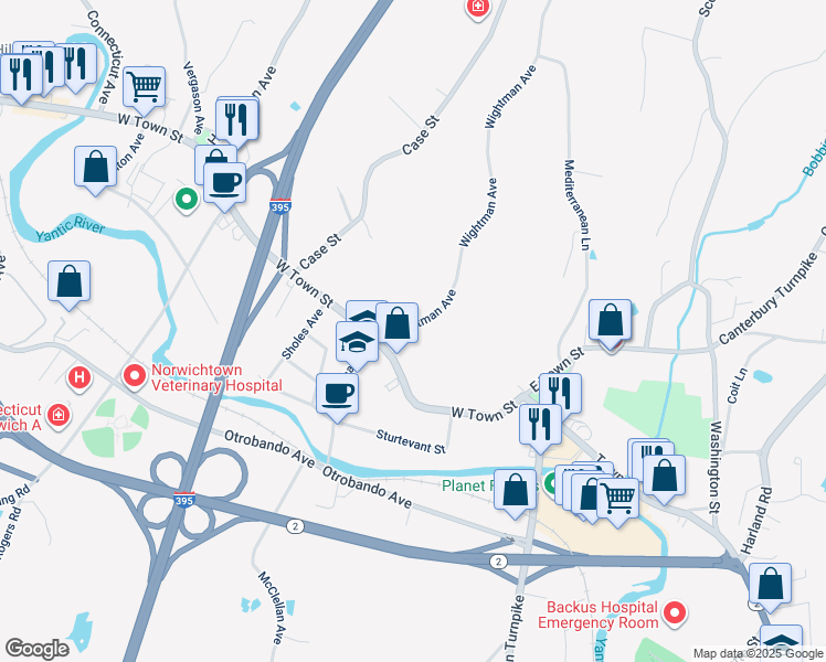 map of restaurants, bars, coffee shops, grocery stores, and more near 16 Wightman Ave in Norwich