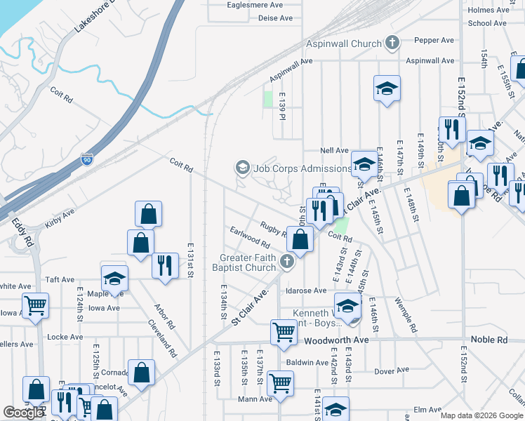 map of restaurants, bars, coffee shops, grocery stores, and more near 13612 Coit Road in Cleveland