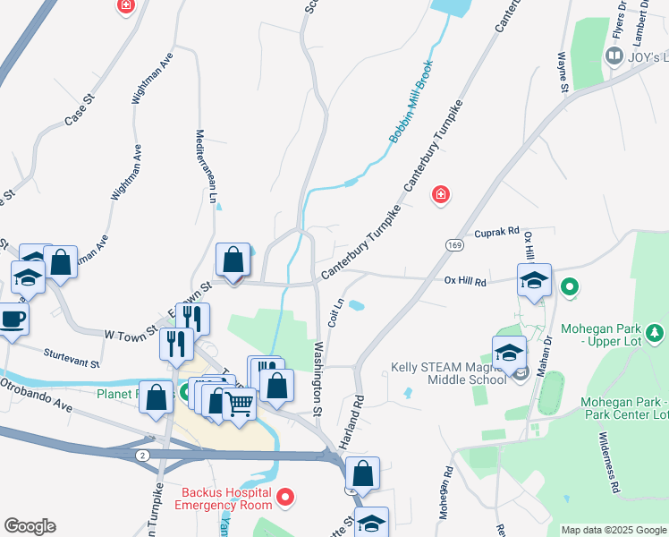 map of restaurants, bars, coffee shops, grocery stores, and more near 14 Canterbury Turnpike in Norwich