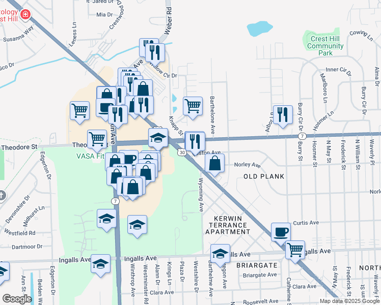 map of restaurants, bars, coffee shops, grocery stores, and more near 1469 Theodore Street in Crest Hill