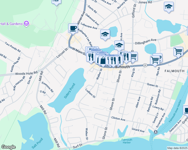 map of restaurants, bars, coffee shops, grocery stores, and more near 25 Glenwood Avenue in Falmouth