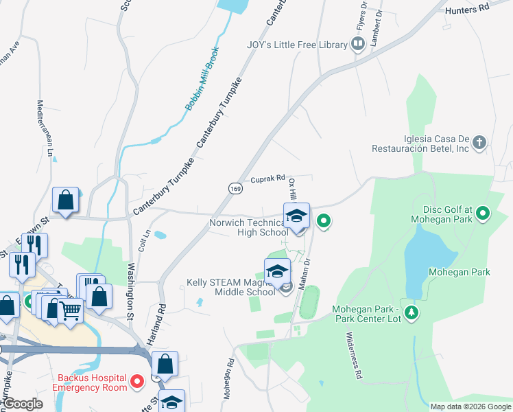 map of restaurants, bars, coffee shops, grocery stores, and more near 201 Harland Road in Norwich