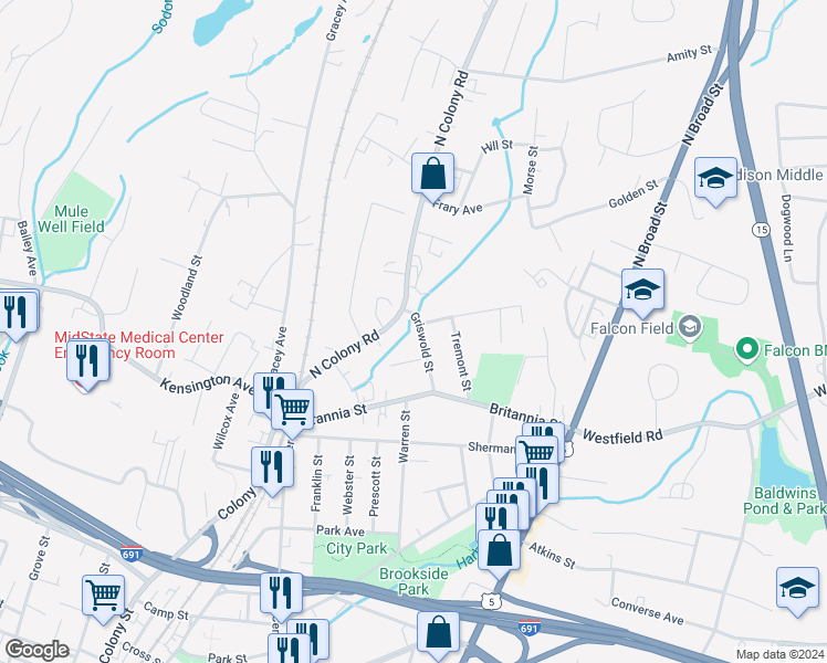 map of restaurants, bars, coffee shops, grocery stores, and more near in Meriden