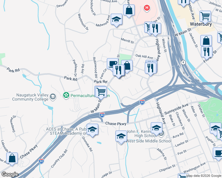 map of restaurants, bars, coffee shops, grocery stores, and more near in Waterbury
