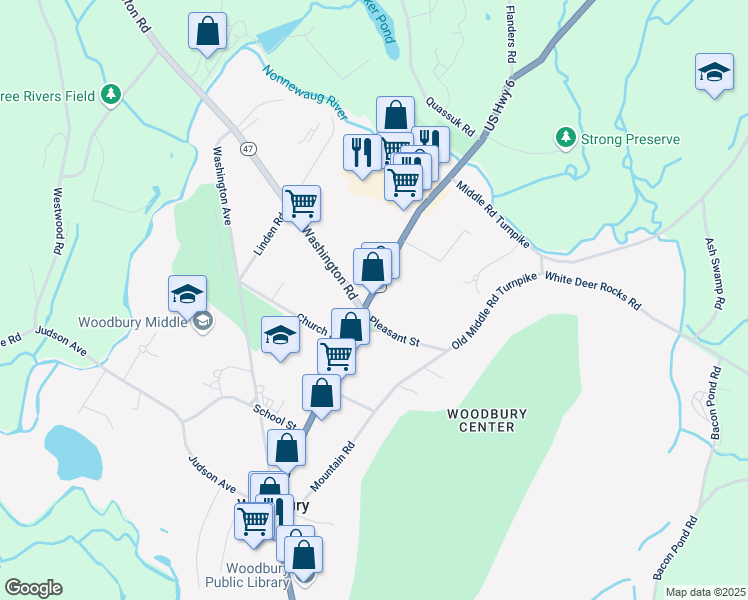 map of restaurants, bars, coffee shops, grocery stores, and more near 24 Main Street North in Woodbury