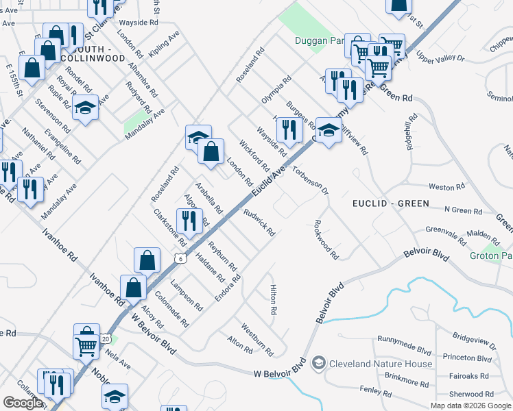 map of restaurants, bars, coffee shops, grocery stores, and more near 17500 Euclid Avenue in Cleveland