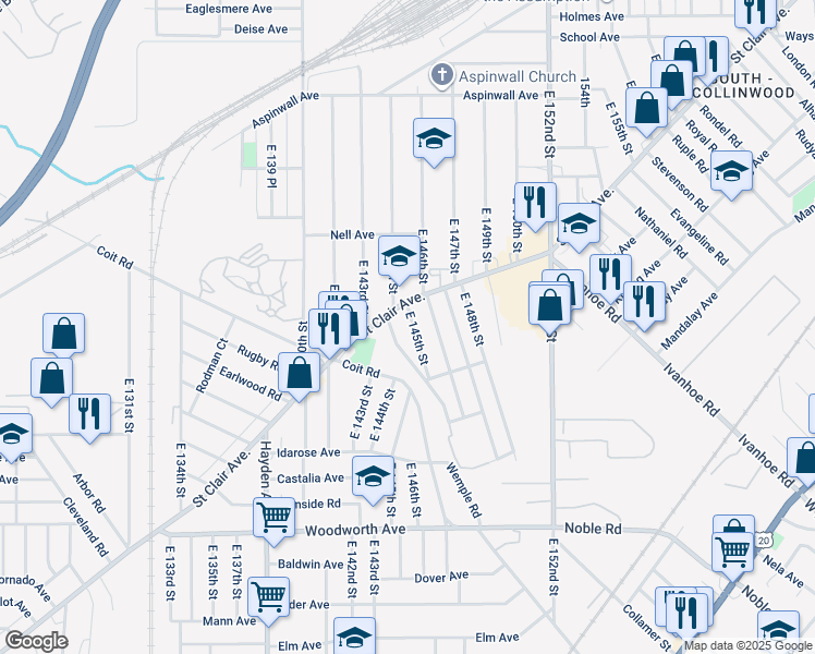map of restaurants, bars, coffee shops, grocery stores, and more near 1010 East 146th Street in Cleveland