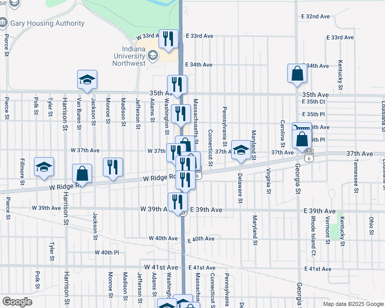 map of restaurants, bars, coffee shops, grocery stores, and more near 3689 Broadway in Gary