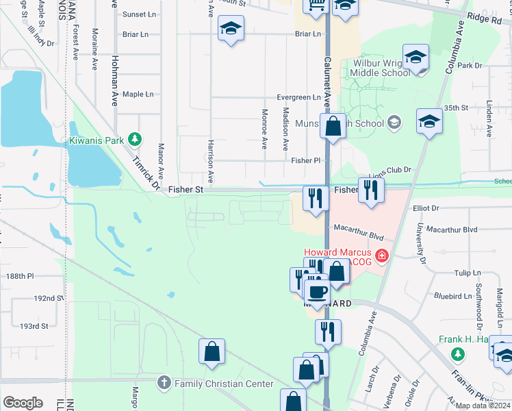 map of restaurants, bars, coffee shops, grocery stores, and more near 621 Cambridge Court in Munster