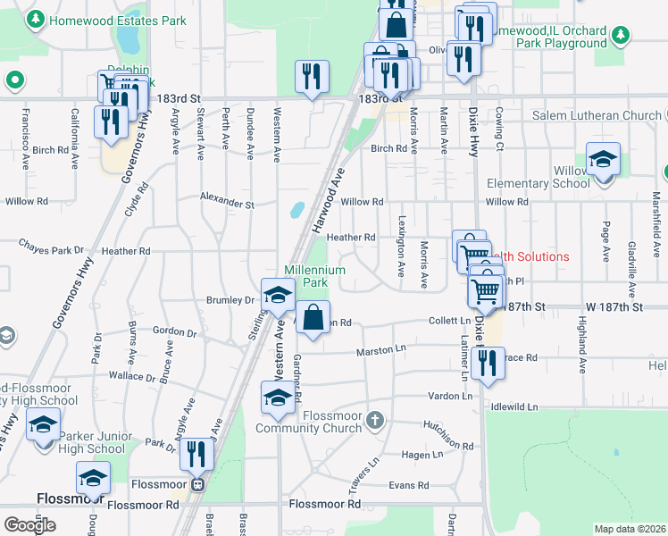 map of restaurants, bars, coffee shops, grocery stores, and more near 18614 Golfview Avenue in Homewood