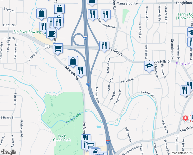 map of restaurants, bars, coffee shops, grocery stores, and more near 810 Hillside Drive in Bettendorf
