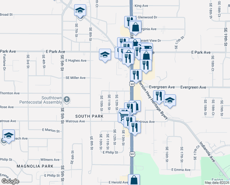 map of restaurants, bars, coffee shops, grocery stores, and more near 1210 East Thornton Avenue in Des Moines