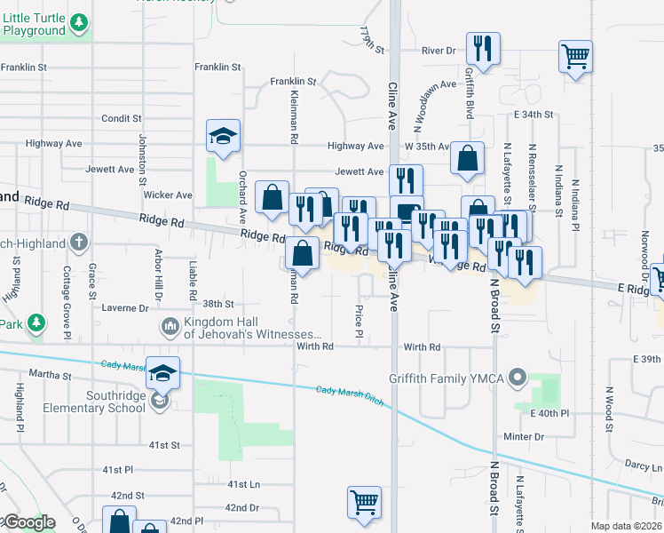 map of restaurants, bars, coffee shops, grocery stores, and more near 3904 Ridge Rd in Highland