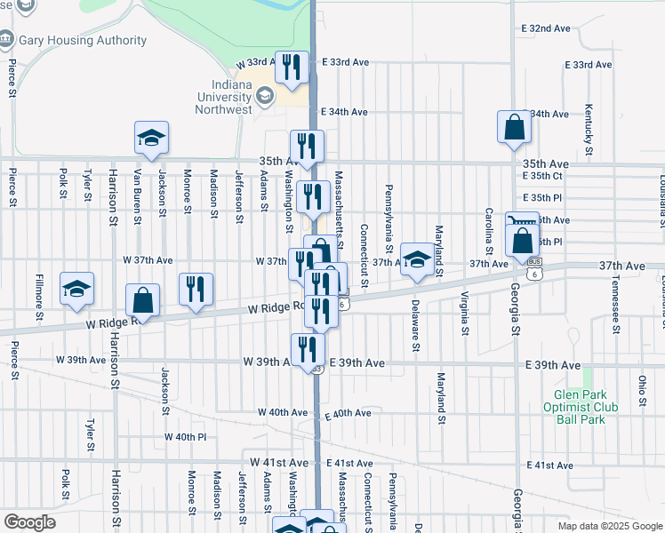 map of restaurants, bars, coffee shops, grocery stores, and more near 3700 Massachusetts Street in Gary