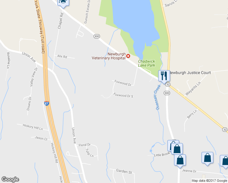 map of restaurants, bars, coffee shops, grocery stores, and more near 115 Foxwood Drive South in Newburgh