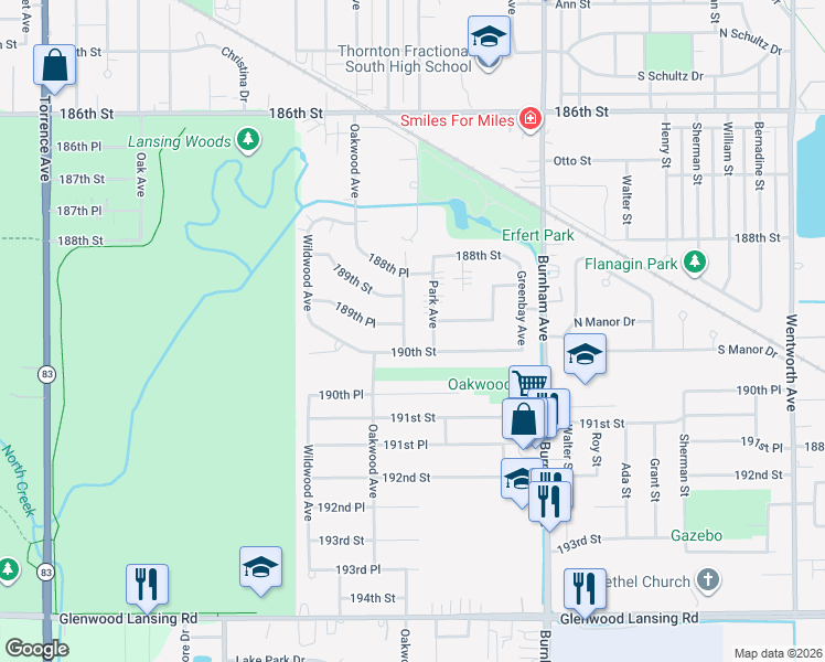map of restaurants, bars, coffee shops, grocery stores, and more near 18925 Ridgewood Avenue in Lansing