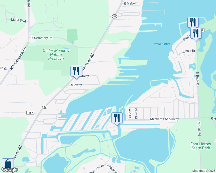 map of restaurants, bars, coffee shops, grocery stores, and more near 1871 Northeast Catawba Road in Port Clinton