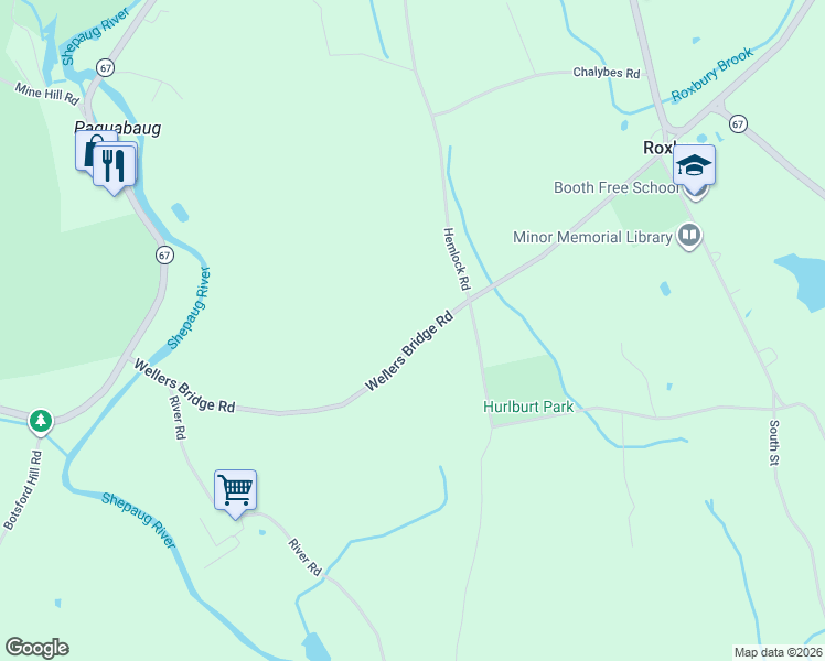 map of restaurants, bars, coffee shops, grocery stores, and more near 72 Wellers Bridge Road in Roxbury
