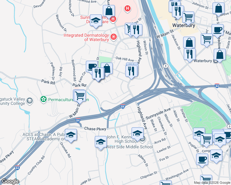 map of restaurants, bars, coffee shops, grocery stores, and more near 111 Mohican Avenue in Waterbury