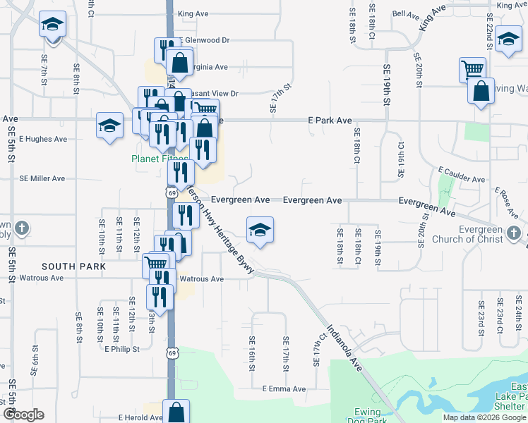 map of restaurants, bars, coffee shops, grocery stores, and more near 1611 Evergreen Avenue in Des Moines