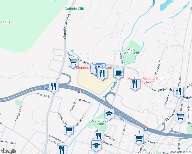 map of restaurants, bars, coffee shops, grocery stores, and more near 470 Lewis Avenue in Meriden