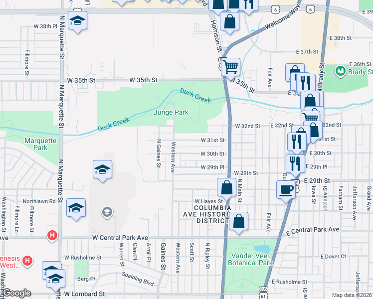 map of restaurants, bars, coffee shops, grocery stores, and more near 519 West 31st Street in Davenport