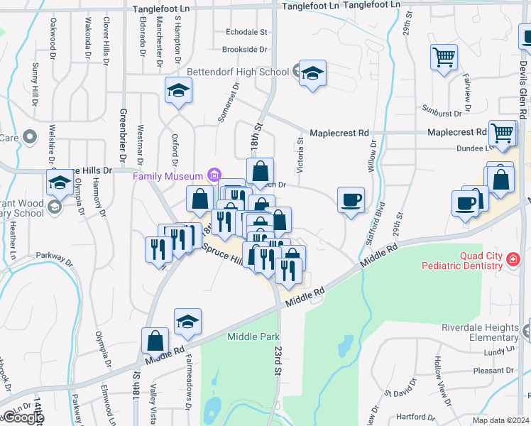 map of restaurants, bars, coffee shops, grocery stores, and more near 2334 Cumberland Square Drive in Bettendorf