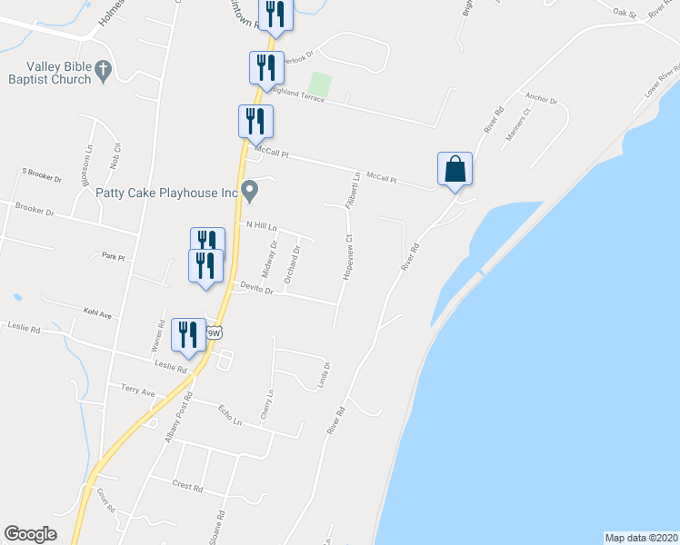 map of restaurants, bars, coffee shops, grocery stores, and more near 11 Hopeview Court in Newburgh