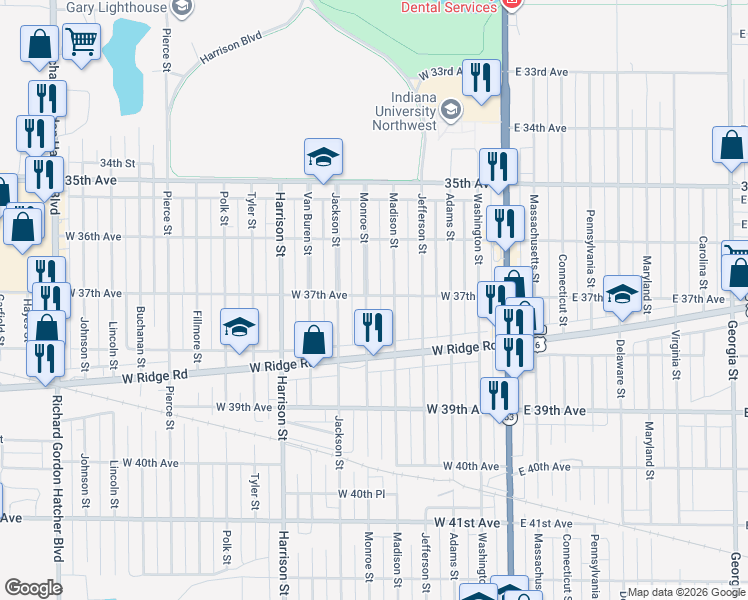 map of restaurants, bars, coffee shops, grocery stores, and more near 3685 Monroe Street in Gary