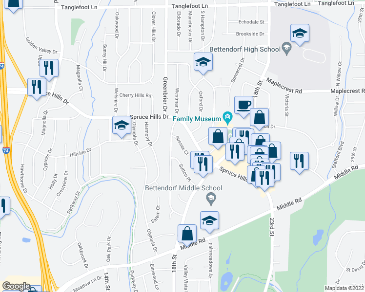 map of restaurants, bars, coffee shops, grocery stores, and more near 1819 Sussex Court in Bettendorf