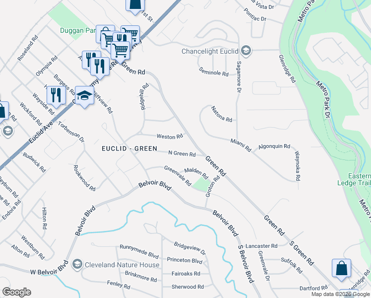 map of restaurants, bars, coffee shops, grocery stores, and more near 18132 Weston Road in Cleveland