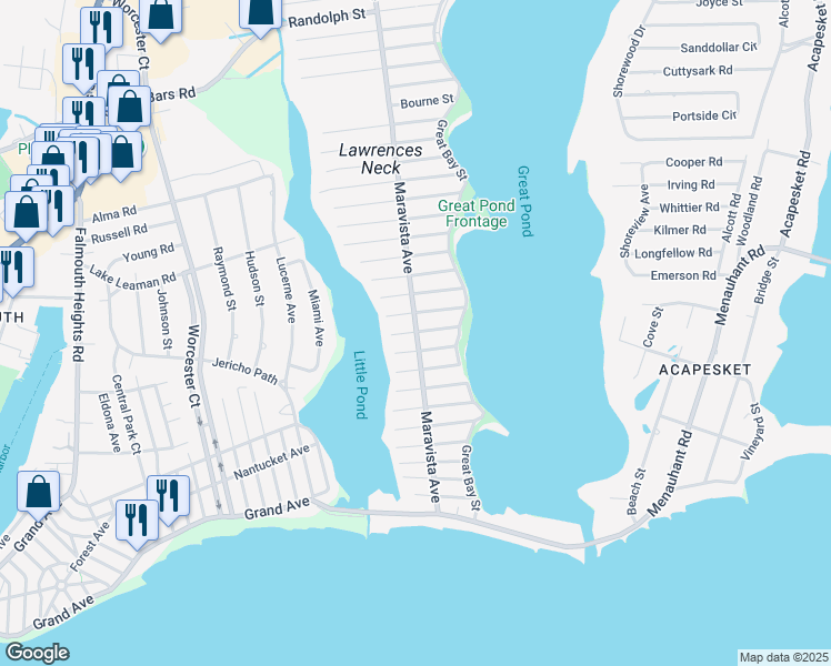 map of restaurants, bars, coffee shops, grocery stores, and more near 15 Hamilton Street in Falmouth