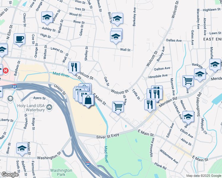 map of restaurants, bars, coffee shops, grocery stores, and more near 26 Farragut Street in Waterbury