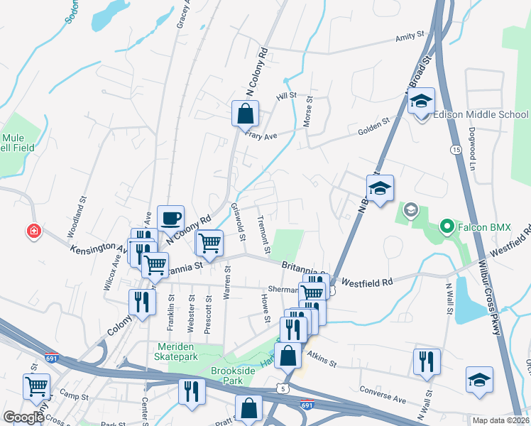 map of restaurants, bars, coffee shops, grocery stores, and more near 85 Tremont Street in Meriden