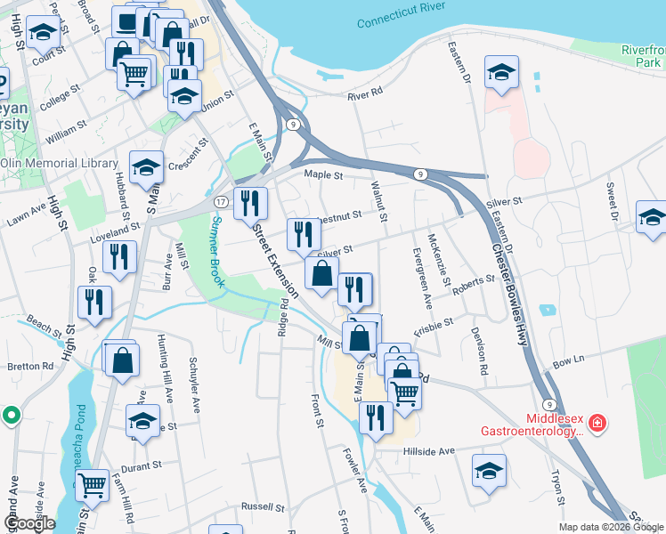 map of restaurants, bars, coffee shops, grocery stores, and more near 10 Silver Street in Middletown