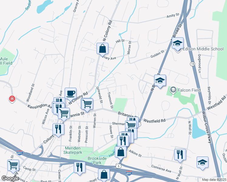 map of restaurants, bars, coffee shops, grocery stores, and more near 35-73 Cambridge Street in Meriden