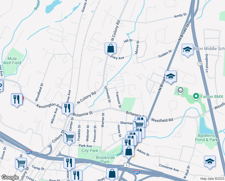 map of restaurants, bars, coffee shops, grocery stores, and more near 15 Cambridge Street in Meriden