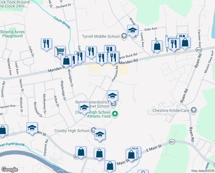 map of restaurants, bars, coffee shops, grocery stores, and more near 473 Pierpont Road in Waterbury