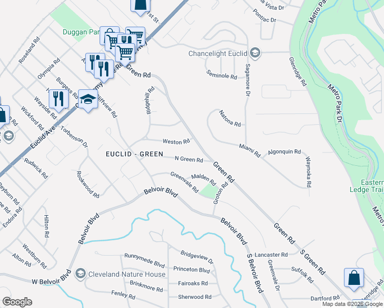 map of restaurants, bars, coffee shops, grocery stores, and more near 18132 Weston Road in Cleveland