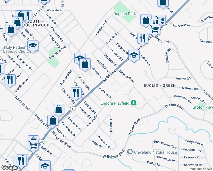 map of restaurants, bars, coffee shops, grocery stores, and more near 17608 Euclid Avenue in Cleveland