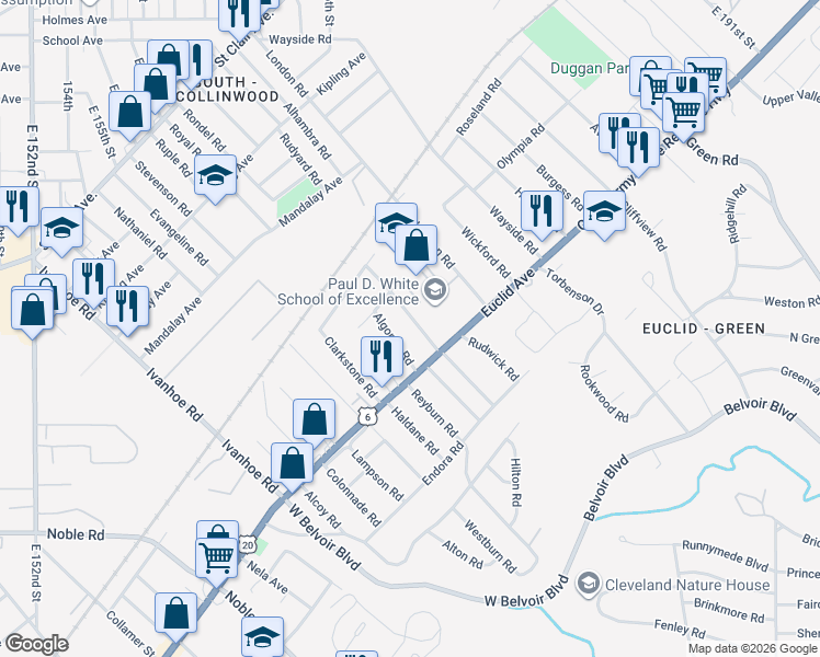 map of restaurants, bars, coffee shops, grocery stores, and more near 1754 Arabella Road in Cleveland