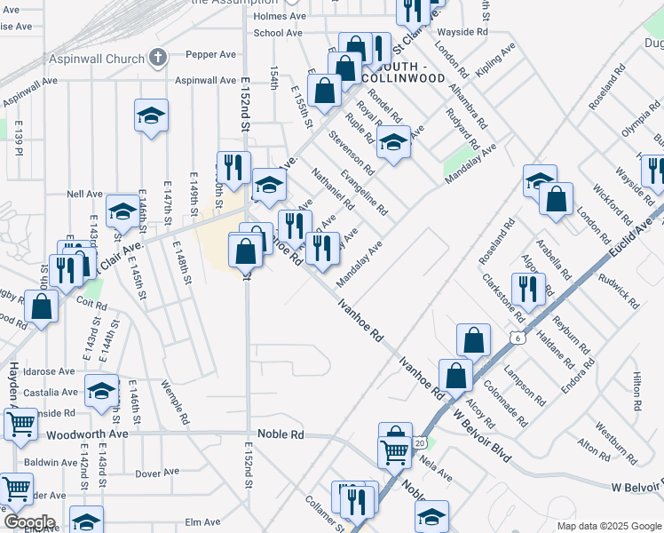 map of restaurants, bars, coffee shops, grocery stores, and more near 15624 Halliday Avenue in Cleveland